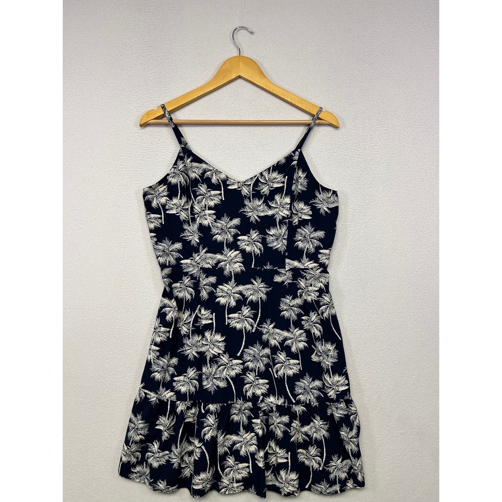 Tropical Beach a.n.a Womens Large Navy Blue Palm Tree Ruffle Mini Sundress